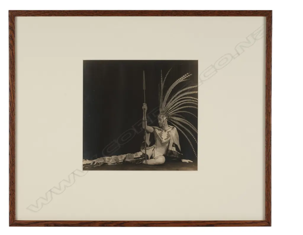 Unidentified photographer 'Male dancer in 'Aztec' costume with spear', c.1930 Image 1++